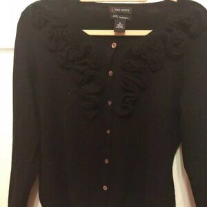 Red Moon, 100% Cashmere, Ruffle Front Black Cardigan, Size M